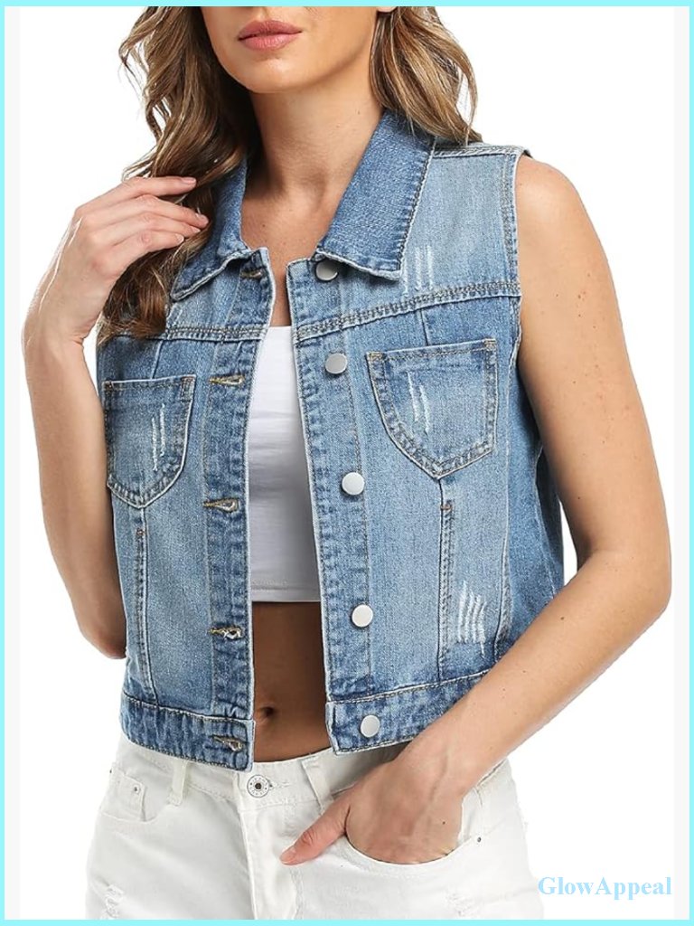 Cropped Distressed Denim Vest Spread Collar Sleeveless Jean Jacket